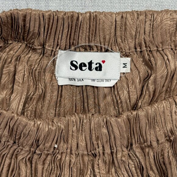 Vintage Seta Brown Pleated Silk Midi Skirt Crinkle Textured Elastic Waist Size M - Picture 7 of 7
